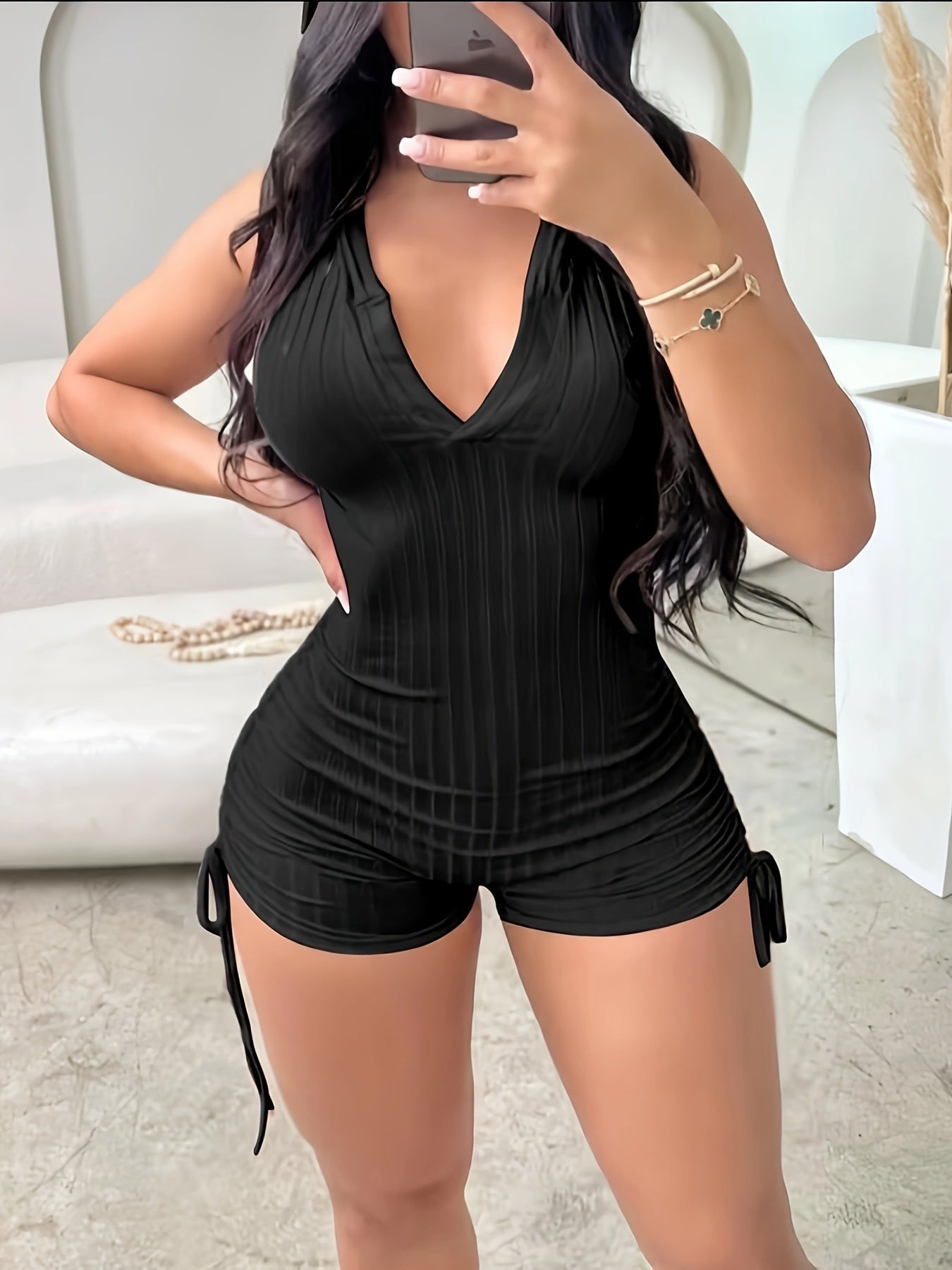 Women'S Sexy Sleeveless Hooded Jumpsuit, Solid Color Polyester 100% Knit Fabric, Summer Drawstring Unitard with Side Ties